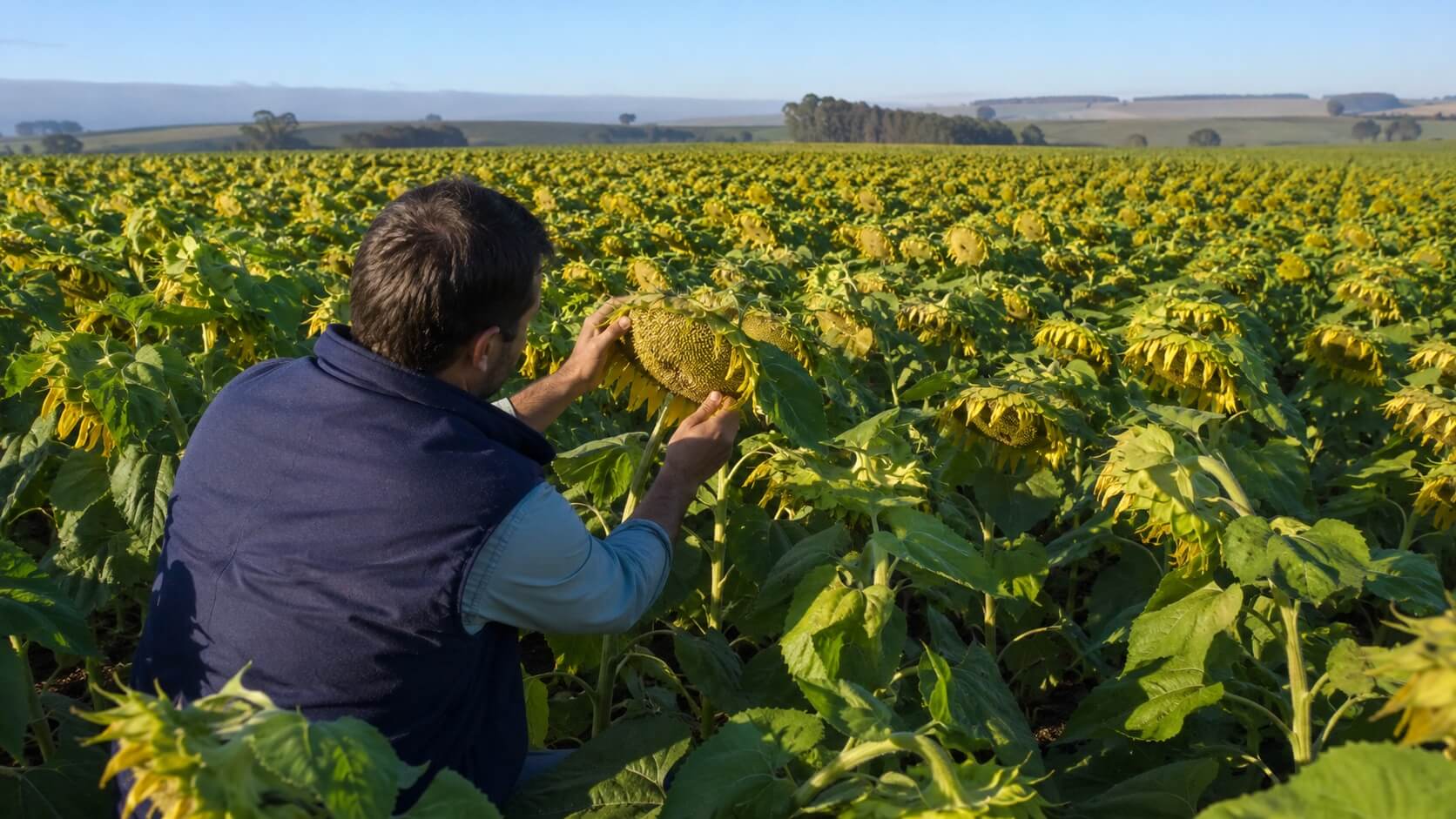 Logística de exportación de girasol - Terminal portuaria argentina Agricultor agachado evaluando la madurez del capítulo de un girasol en el campo.
