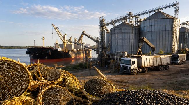 Logística de exportación de girasol - Terminal portuaria argentina Camiones descargando grano de girasol en un puerto cerealero, con buque de carga de fondo, simbolizando el complejo exportador de aceite y grano.